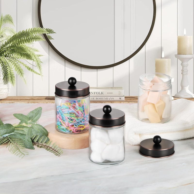 Komashr Apothecary Jar Canisters Bathroom Vanity Organizer - Qtip Holder Storage Organizer Countertop -Stainless Steel Lids &Cute Stickers for Qtips,Cotton Swabs,Makeup Sponges,Floss(3 Pack) (ORB) - Image 5